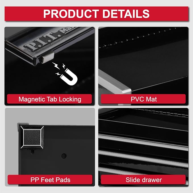 P.I.T. Mini Tool Box,3 Drawers Small Metal Toolbox for Tools Storage,Black | 8.6"W X 4.6"D Cute Size,Q235 Steel,Magnetic Tab Locking,PVC Drawer Liners - Image 8