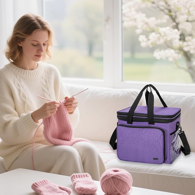 Teamoy Crochet Bag, Knitting Bag Yarn Storage Tote, Yarn Organizer, Purple | Yarn Holder for Crocheting, with Inner Divider and Cover, for Yarn Skeins, Project, Knitting Needles, and Crochet Supplies - Image 6
