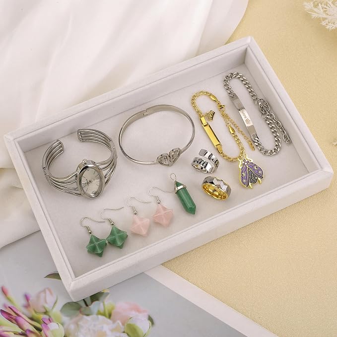 4pcs 9"x5.7" Velvet Jewelry Tray Jewelry Display Tray Stackable Plate Tray | Jewelry Organizer Trays for Earrings Necklaces Bracelet Rings Display Showcase - Beige - Image 6