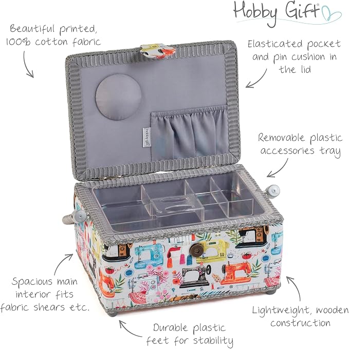 Hobby Gift Medium Sewing Box Organiser, Fabric Covered Storage Box with Handle, Internal Tray, Pin Cushion and Pocket for Sewing, Quilting and Knitting Supplies - Image 3