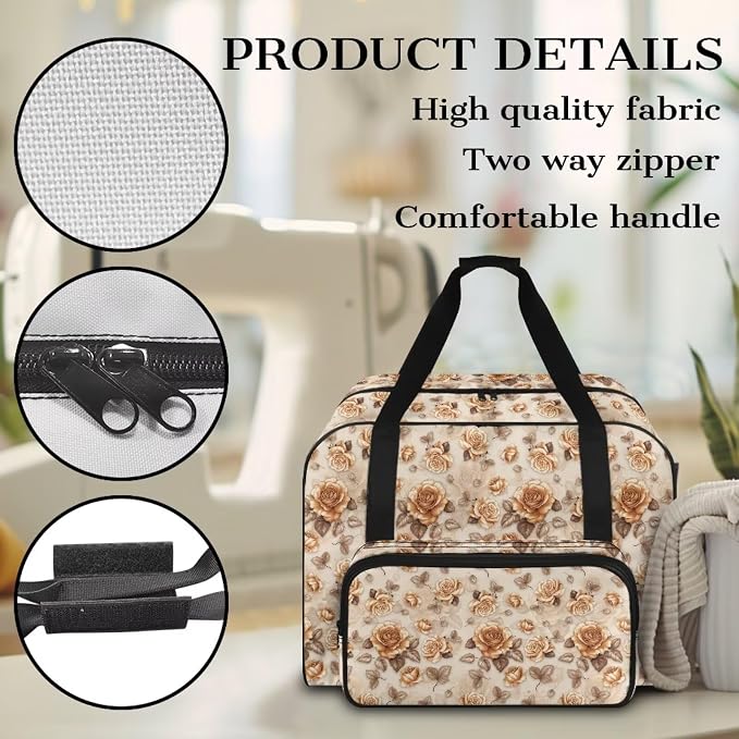 Sewing Machine Dust Bag Portable Travel Tote Bag Large Capacity Sewing Machine Storage Case Universal Versatile Organizer Bag with Handle and Soft Cushion, Retro Rose - Image 5