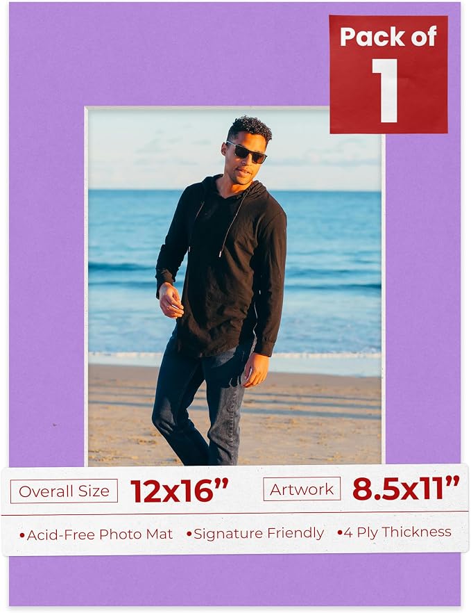 8.5x11 Mat for 12x16 Frame - Precut Mat Board Acid-Free Light Purple 8.5x11 Photo Matte For a 12x16 Picture Frame, Premium Matboard for Family Photos, Show Kits, Art, Picture Framing, Pack of 1 Mat by PosterPalooza