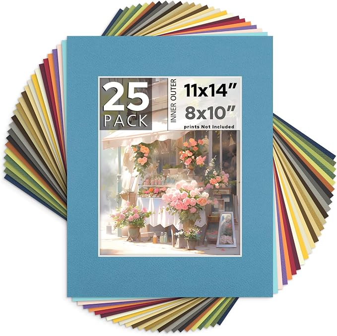 Mat Board Center 25 Pack 11x14 Picture Mat for 8x10 Photo Mixed Color | Fits 8x10, White Core, Acid Free, 4-Ply Thick, Photo, Art, Poster or Print Display by MatBoardCenter