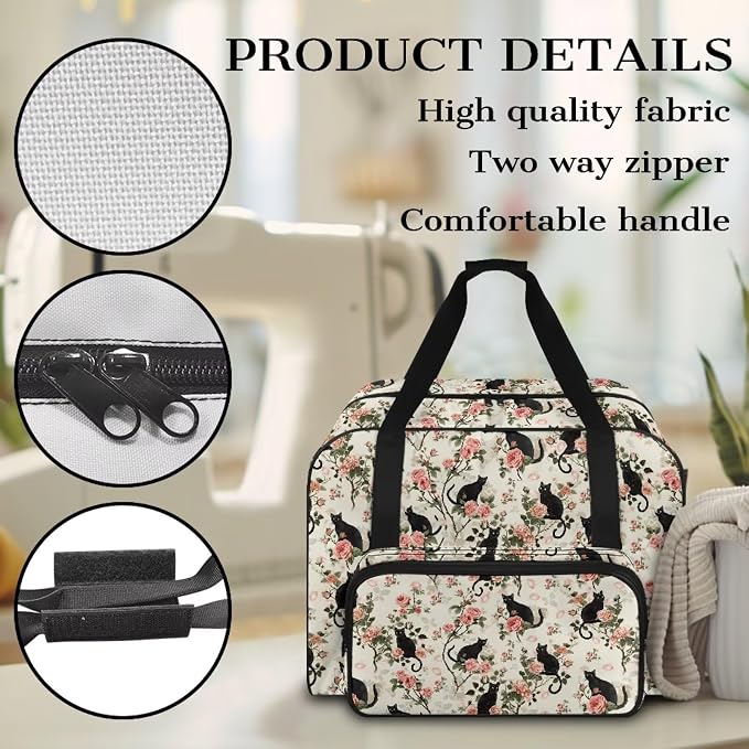 Sewing Machine Carrying Bag Universal Travel Tote Bag Portable Sewing Machine Dust Bag Large Capacity Storage Bag for Most Standard Size Sewing Machines and Accessories, Retro Black Cat Rose - Image 5