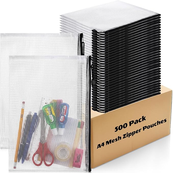 Zhehao 500 Pcs A4 Mesh Zipper Pouch Bags Bulk 13.2 x 9.5 Inches,Black | Large Clear Pencil File Storage Bags Waterproof Mesh Zipper Organizer for School Office Travel Organization Puzzle Supplies - Image 8