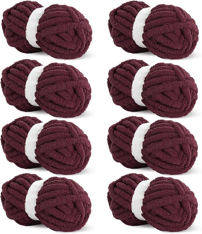 Hombys Wine Red Chunky Chenille Yarn for Crocheting & Knitting, Super Bulky Thick Fluffy Yarn for Hand Knitting Blanket, Soft Plush Yarn, 8 Jumbo Packs (27 yds, 8 oz Each Skein) by HOMBYS