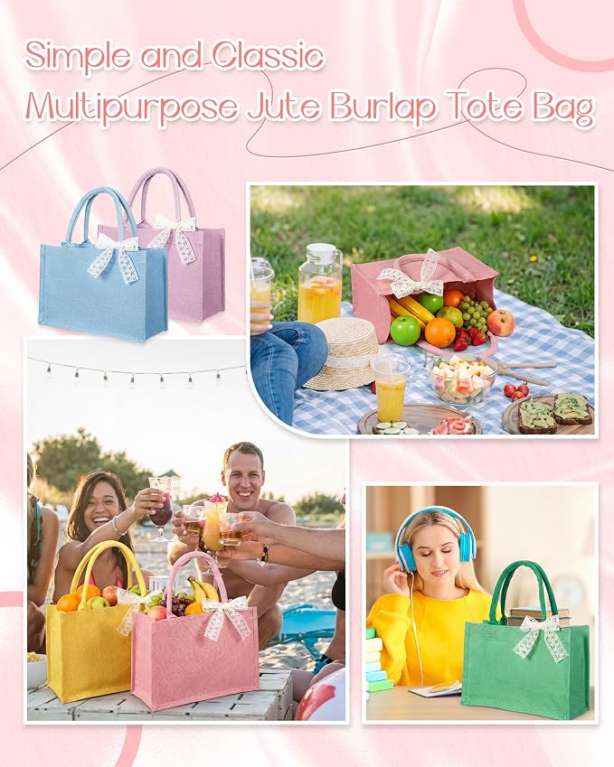 Burlap Tote Bag Mini Jute Reusable Bag with Handle Ribbon Small Blank Canvas Waterproof for Wedding Beach DIY Gift - Image 5