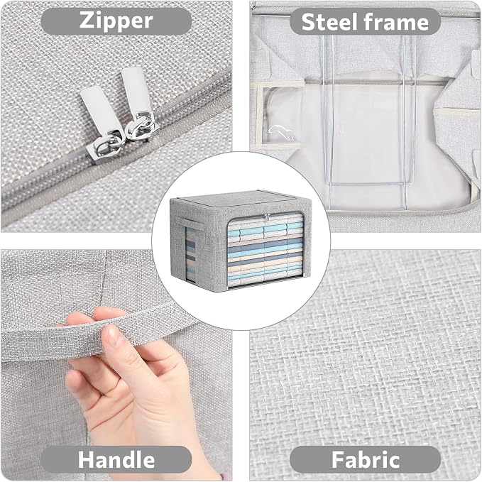FHSQX 2 Pack Clothes Storage Bins Stackable Metal Frame Storage Box Foldable Linen Fabric Organizer with Carrying Handles and Clear Window (Light Gray, 15.7x 11.8x 7.8Inch) - Image 3