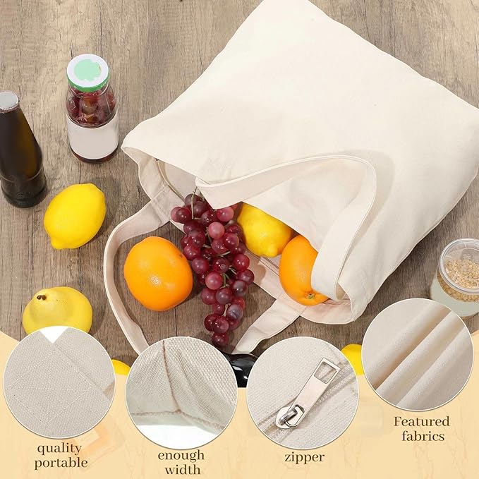 Epakh 10 Pack Canvas Tote Bag Bulk with Zipper,Reusable Beige | 16.5 x 3.9 x 13.4 Inch, Blank Canvas Cotton Bags Bulk with Zipper, Large Grocery Shopping Totes for Women Men DIY Crafting - Image 5
