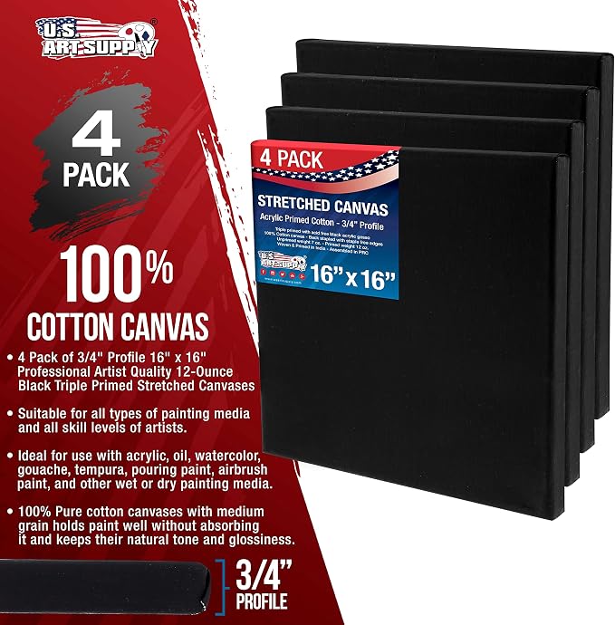 U.S. Art Supply 16x16 inch Black Canvases for Painting, 4 Pack Bulk Stretched Artist Canvas Professional Primed - Ideal for Arts & Crafts, Heavy-Weight Gesso - Acrylic Pouring, Oil Paint - Image 2