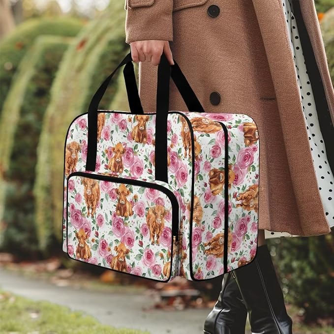 Sewing Machine Dust Bag Large Capacity Tote Bag Universal Sewing Machine Storage and Organizer Case with Soft Cushion and 4 Bottom Rubber Pads, Highland Cattle Rose - Image 3