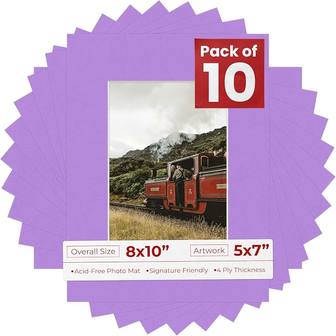 5x7 Mat for 8x10 Frame - Precut Mat Board Acid-Free Light Purple 5x7 Photo Matte Made to Fit a 8x10 Picture Frame, Premium Matboard for Family Photos, Show Kits, Art, Picture Framing, Pack of 10 Mats by PosterPalooza