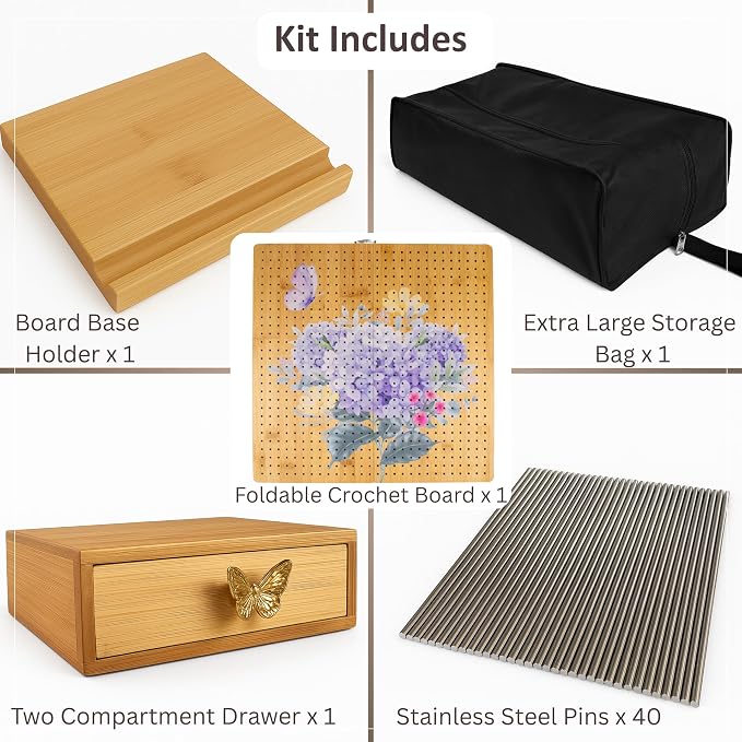 Crochet Cast Foldable 15” Bamboo Crochet Blocking Board + Stand and Drawer | 40 Stainless Steel Rods, Large Storage Bag, Anti‑Slip Feet, Thick Mat, High Quality Pegs, Two Compartments, Uniform Holes - Image 8