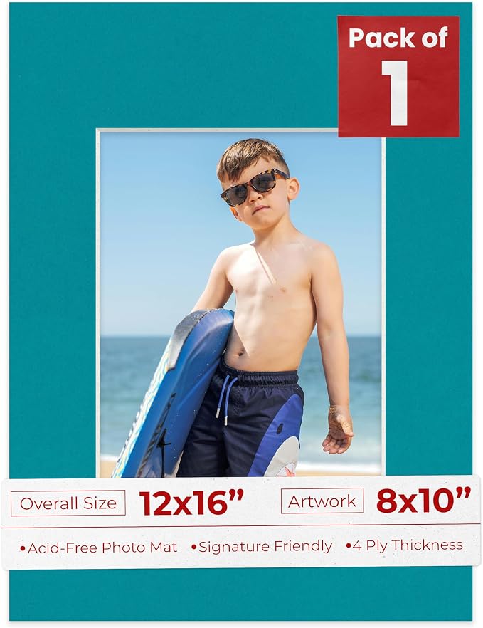 8x10 Mat for 12x16 Frame - Precut Mat Board Acid-Free Show Kit with Backing Board, and Clear Bags Teal Blue 8x10 Photo Matte Made to Fit a 12x16 Picture Frame Matboard for Framing, Pack of 1 Mat by PosterPalooza