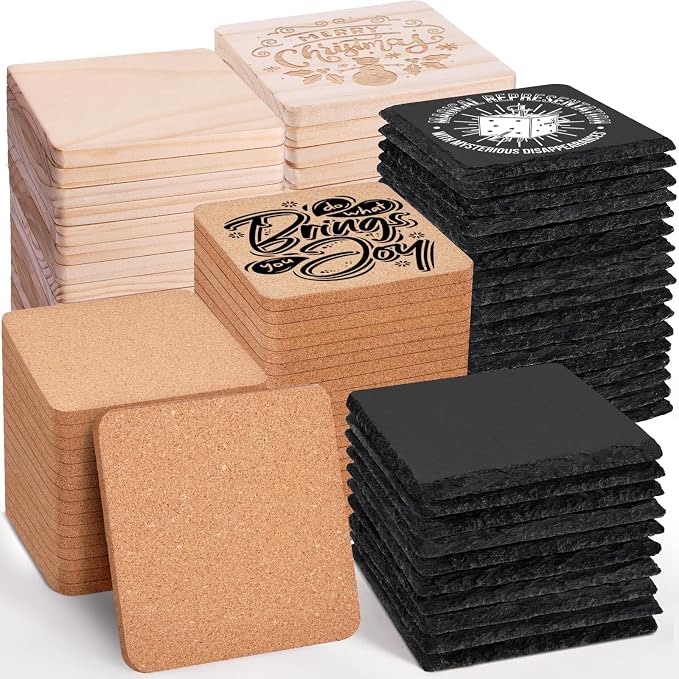 90PCS Square Slate, Cork, Wood Drink Coasters for Laser Engraving | 4 Inch Natural Blank Black Stone, Pine Wood, Cork, 30PCS Each, Engravable Material for Beginners, Gifts, Wedding, Crafts, DIY by MAPRIAL