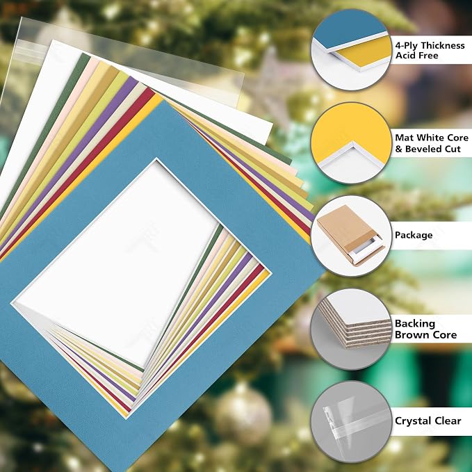 Golden State Art 10 Pack Mixed Color Photo Mats 11x14 for 8x10+Backing+Bags | Acid-Free Pre-Cut 7.5x9.5 Opening 4-Ply Bevel Cut White Core Photo Matte Matting Includes 10 Backing Board 10 Clear Bags - Image 3