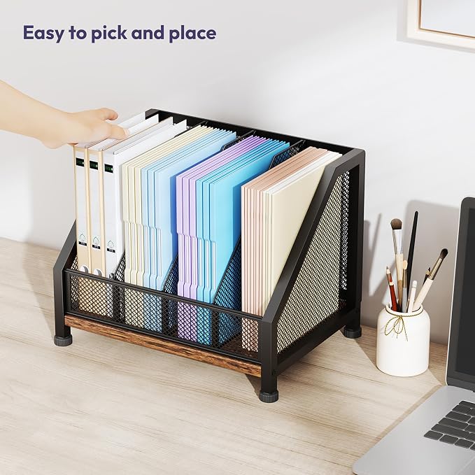 SWTYMIKI Desk Organizer - Paper Organizer, Mesh and Wood Desk Office Organizer, Office Organization and Binder Storage for Workspace, Home, School, Espresso - Image 3