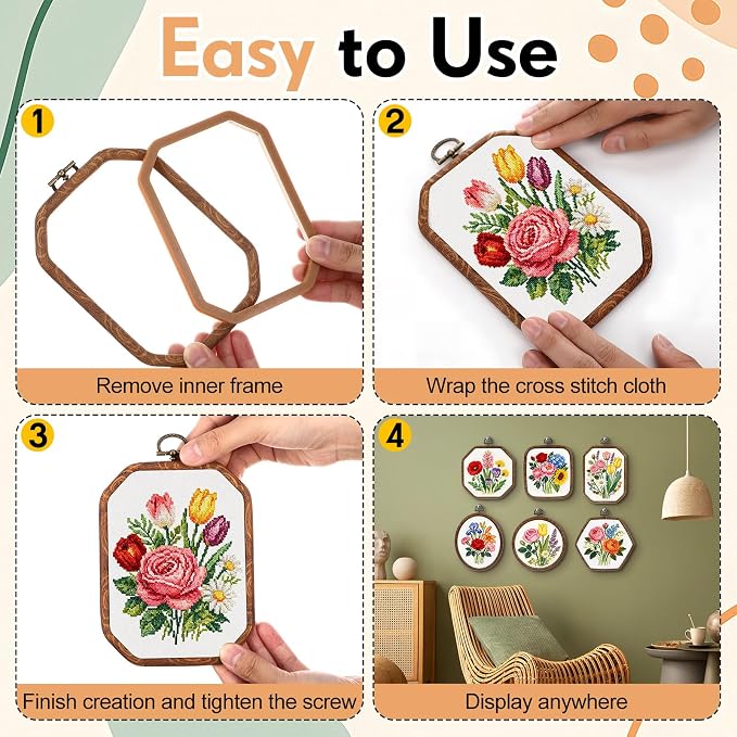 Qunclay 6 Pcs Large Embroidery Hoop Frame Decorative Imitated Wood Display Frame Circle Oval Octagonal Cross Stitch Hoop Ring for DIY Sewing Craft and Hanging Ornaments Decor (Original) - Image 5