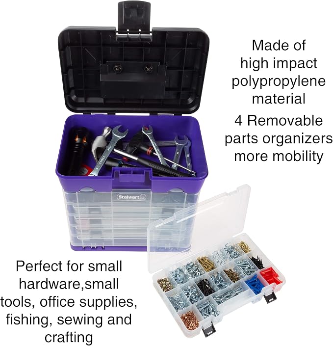 Storage and Tool Box-Durable Organizer Utility Box-4 Drawers with 19 Compartments Each for Hardware, Fish Tackle, Beads, and More by Stalwart (Purple) | With Drawers and Customizable Compartments for Hardware, Fishing Tackle Box, Beads, or Craft Supplies - Image 3
