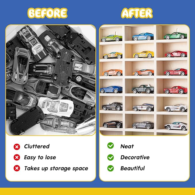 2 Pcs 24 Space Toy Cars Wheels Display Case 1: 64 Scale Model Cars Display Shelf Wooden Wall Mounted Die Cast Car Storage Rack for Gift Collectibles Toy Figurines Cabinet