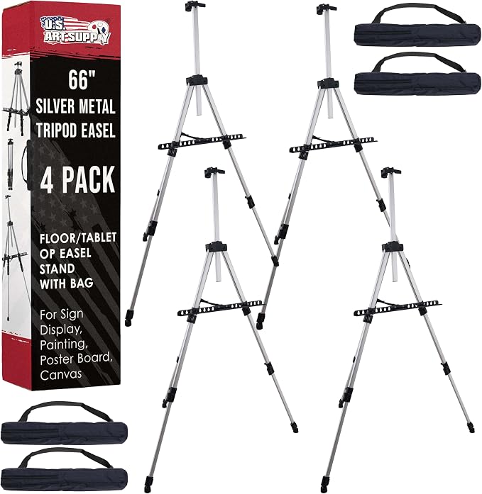 U.S. Art Supply 66" Silver Metal Tripod Easel Display (4 Pack) - Adjustable 18"- 5.5', Holds 36" Canvas - Floor/Tabletop Easel Stand, for Sign Display, Painting, Poster Board, Canvas - Portable Bag by USArtSupply