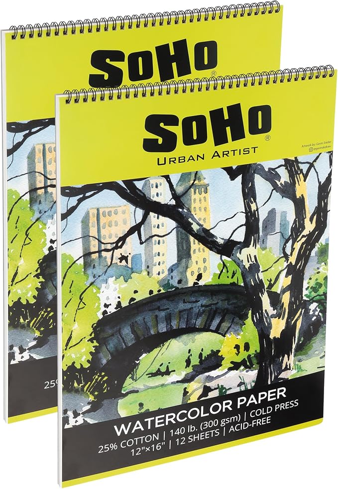 SoHo Urban Artist Watercolor Paper Spiral Pad 12x16-2 Pack - 24 Sheets Total - 140lb Cold Press Acid-Free, ECF, Multimedia Paper by SoHo+Urban+Artist