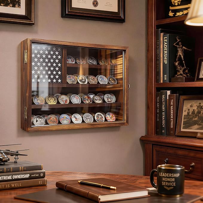 Challenge Coin Display Case Holder,Hd Tempered Glass Door,Not Acrylic,15*11 | Carbon Brown/100%wood/Removable Star Board/Wooden America Flag Military Challenge Coin Display Case Holder - Image 2