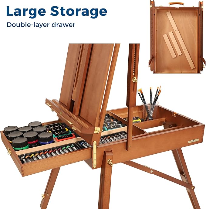 VISWIN French Easel for Painting with Palette, Shoulder Strap & Storage, Adjustable Beech Wood Travel Art Easel Stand, Portable Sketchebox Plein-Air Easel for Adults, Artists, Table Top & Floor Use - Image 4