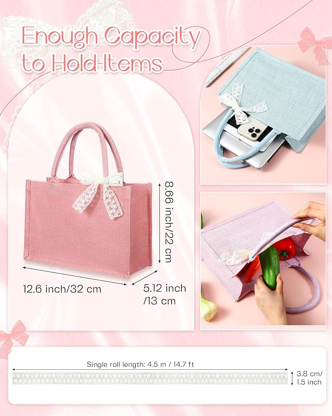 Burlap Tote Bag Mini Jute Reusable Bag with Handle Ribbon Small Blank Canvas Waterproof for Wedding Beach DIY Gift - Image 4