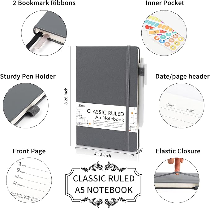 feela 24 Pack Journal Notebook for Work, Business Notebook Bulk Hardcover Lined Writing Journal with Pen Holder for Men Women Note Taking, with 24 Black Pens, 120 GSM, 5.1”x8.3”, A5, Gray - Image 2