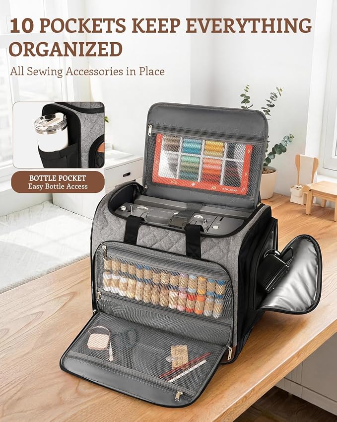 Arcoyard Sewing Machine Carrying Case with Base Plate, Shoulder Strap, Sewing Machine Bag Fits Most Standard Sewing Machines and Storage Sewing Accessories, for Brother, Singer, Black Gray Brown - Image 4