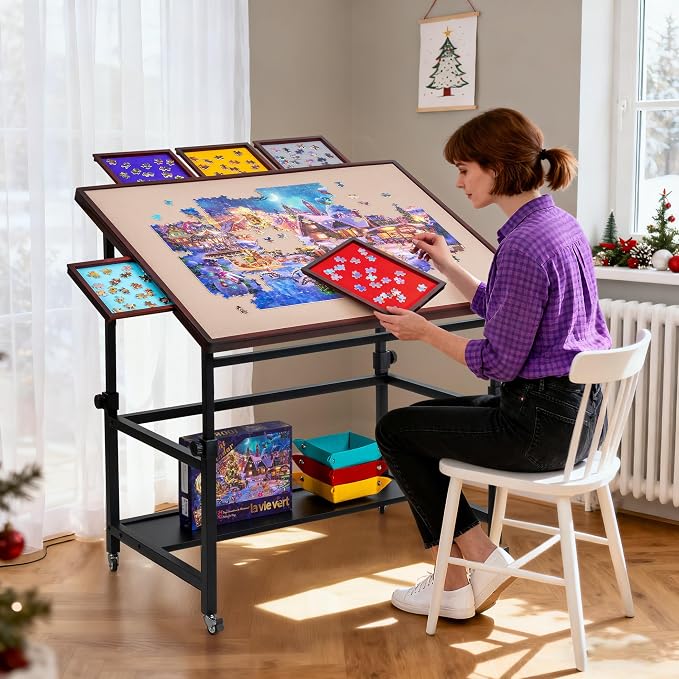 LAVIEVERT 1500 Piece Tilting Puzzle Table with 5 Colored Drawers & Cover | Angle & Height Adjustable Puzzle Board with Storage Shelf, Portable Wooden Jigsaw Table with Legs & 4 Wheels for Adults - Image 2