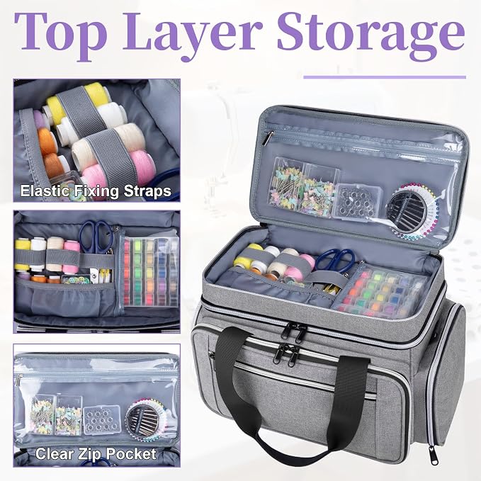 Anitor Sewing Supplies Organizer, Double Layer Sewing Storage Organizer | Two Detachable Dividers, Large Travel Sewing Bag Organizer with Shoulder Strap for Accessories (Bag Only) - Image 4