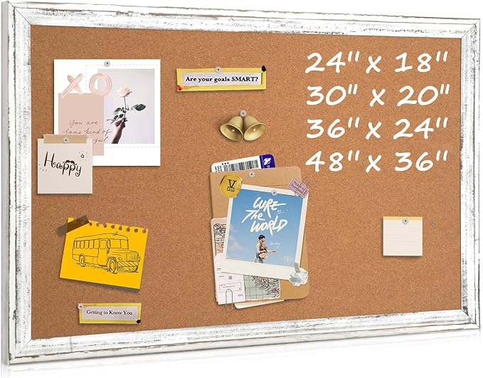 Cork Board Bulletin Board, 24"x18" Corkboard for Wall | Rustic White Wooden Frame, Decorative Pin Board, Message Board, Notice Board, Vision Board for Home, Office, Kitchen by QUEENLINK