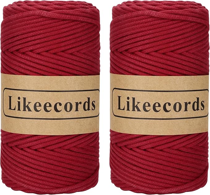 Likeecords 2 Skeins Braided Macrame Cotton Cord 3mm x 100m, Colorful Cotton Craft Cord for Bag, Wall Hanging, Plant Hangers, Crafts, Knitting (Dark Red) by Likeecords