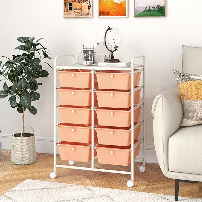 COSTWAY 10 Drawer Rolling Storage Cart, Utility Cart with Lockable Wheels | Mobile Art Supply Craft Organizer with Metal Frame, Multipurpose Drawer Cart for Paper for Office, School, Peach - Image 2