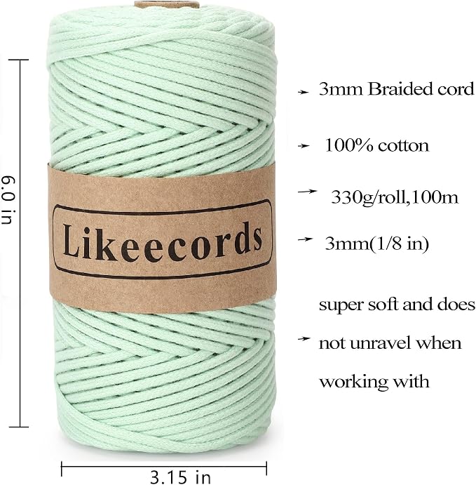 Likeecords Braided Cotton Cord Set - 3mm, 200m each, Macrame Rope for Crafts, Wall Hanging, Plant Hangers, Knitting (Green) - Image 2