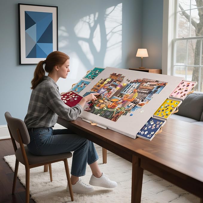 Tektalk Flannelette Covered Jigsaw Puzzle Table with Integrated Adjustable Stand & Cover, 3-Tilting-Angle Wooden Plateau Portable Puzzle Board with 6 Sorting Drawers, for Up to 1500 Pieces (Gray) - Image 8