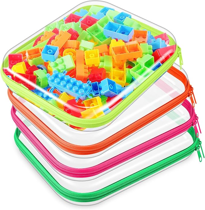 4 Pcs Hard Clear Zipper Case Makeup Bags Plastic Zipper Pouch Transparent Storage Box Containers for Cosmetics, Snacks, Building Blocks, Puzzles(Clear,9.8 x 7.9 x 2 in,Fluorescent) by Hoolerry
