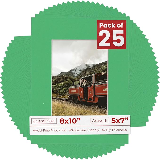 5x7 Mat for 8x10 Frame - Precut Mat Board Acid-Free Show Kit with Backing Board, and Clear Bags Bright Green 5x7 Photo Matte Made to Fit a 8x10 Picture Frame Matboard for Framing, Pack of 25 Mats by PosterPalooza