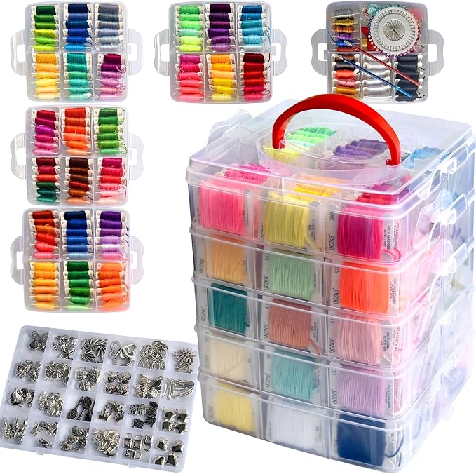 301 Embroidery Floss Set Including Cross Stitch Threads Friendship Bracelet String with 5-Tier Transparent Box, Floss Bobbins and Cross Stitch Kits by QCZKB