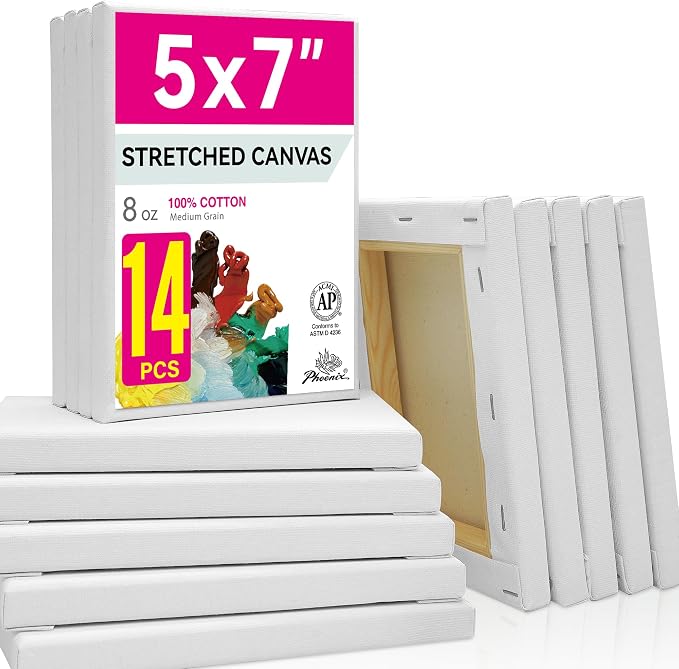 PHOENIX Stretched Canvas for Painting 5x7 Inch/14 Bulk Pack, 8 Oz Triple Primed 5/8 Inch Profile 100% Cotton White Blank Canvas, Small Framed Canvas for Oil Acrylic & Pouring Art by PHOENIX