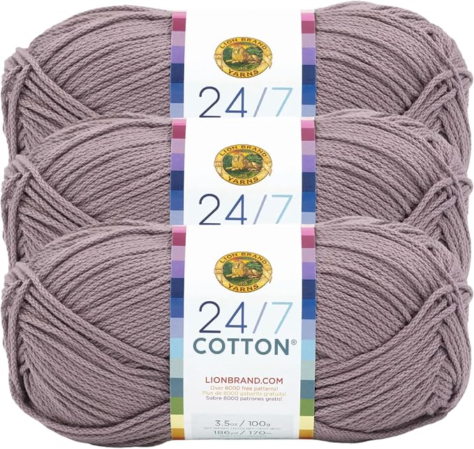 Lion Brand Yarn, 24/7 Cotton Mercerized Lightweight Yarn for Knitting, Crochet, and Crafts, Vintage Lilac, 3 Pack, 185 Yards of Natural Fiber for Breathable Tops, Durable Bags, Easy-Care Dish Cloths | Light Worsted 100% Mercerized Cotton Yarn for Croch... by LionBrandYarn
