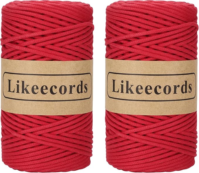 Likeecords 2 Skeins of Braided Macrame Cotton Cord 3mm x 100m,Macrame Rope, 100% Cotton Rope Macrame String,Colorful Cotton Craft Cord for Bag,Wall Hanging, Plant Hangers, Crafts, Knitting（Red） by Likeecords