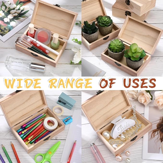 Yookeer 16 Pieces Unfinished Wooden Boxes with Hinged Lid Bulk Wood Box for Crafts Rectangle Keepsake Front Clasp Wooden Storage for Crafts Paint DIY Hobby Jewelry Arts, 6 x 3.7 x 2 Inch - Image 5