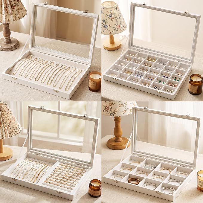 Leinuosen Jewelry Organizer Tray Set of 4 Stackable Wood Velvet,Beige | Large Jewelry Tray with Lid Glass, Velvet Lined, Dust-proof Necklaces Earrings Bracelet Ring Storage Display Drawer Box Case - Image 8