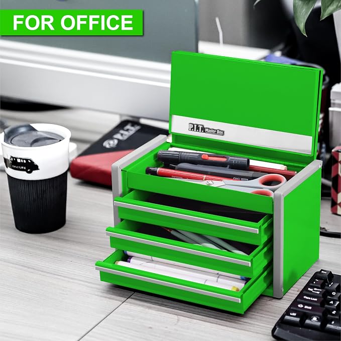 P.I.T. Mini Tool Box,3 Drawers Small Metal Toolbox for Tools Storage,Green | 8.6"W X 4.6"D Cute Size,Q235 Steel,Magnetic Tab Locking,PVC Drawer Liners - Image 3