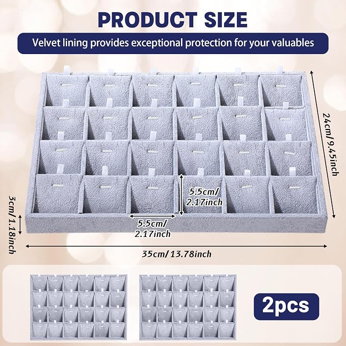 2 Pcs 24 Grid Stackable Jewelry Organizer Tray with Removable Dividers Ice Velvet Jewelry Display Showcase Tray for Necklace Earring Ring Bracelet Holder (Gray Velvet) - Image 2
