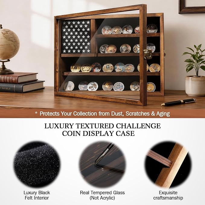 Challenge Coin Display Case Holder,Hd Tempered Glass Door,Not Acrylic,15*11 | Carbon Brown/100%wood/Removable Star Board/Wooden America Flag Military Challenge Coin Display Case Holder - Image 5
