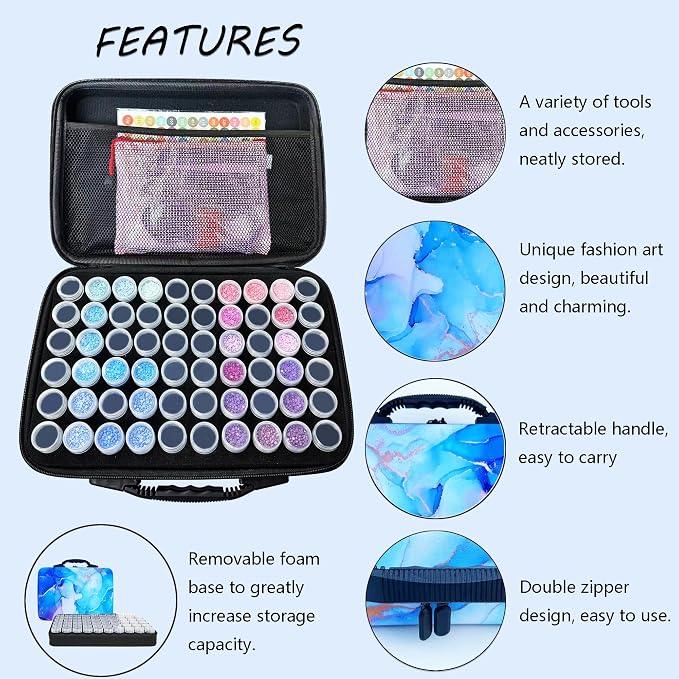 Muzagroo Art Diamond Painting Storage Containers Diamond Art Storage Case with Accessories and Tools Portable Shockproof 60 Slots Organizer Case for Diamond Painting Kits Standard Set (Blue) - Image 2